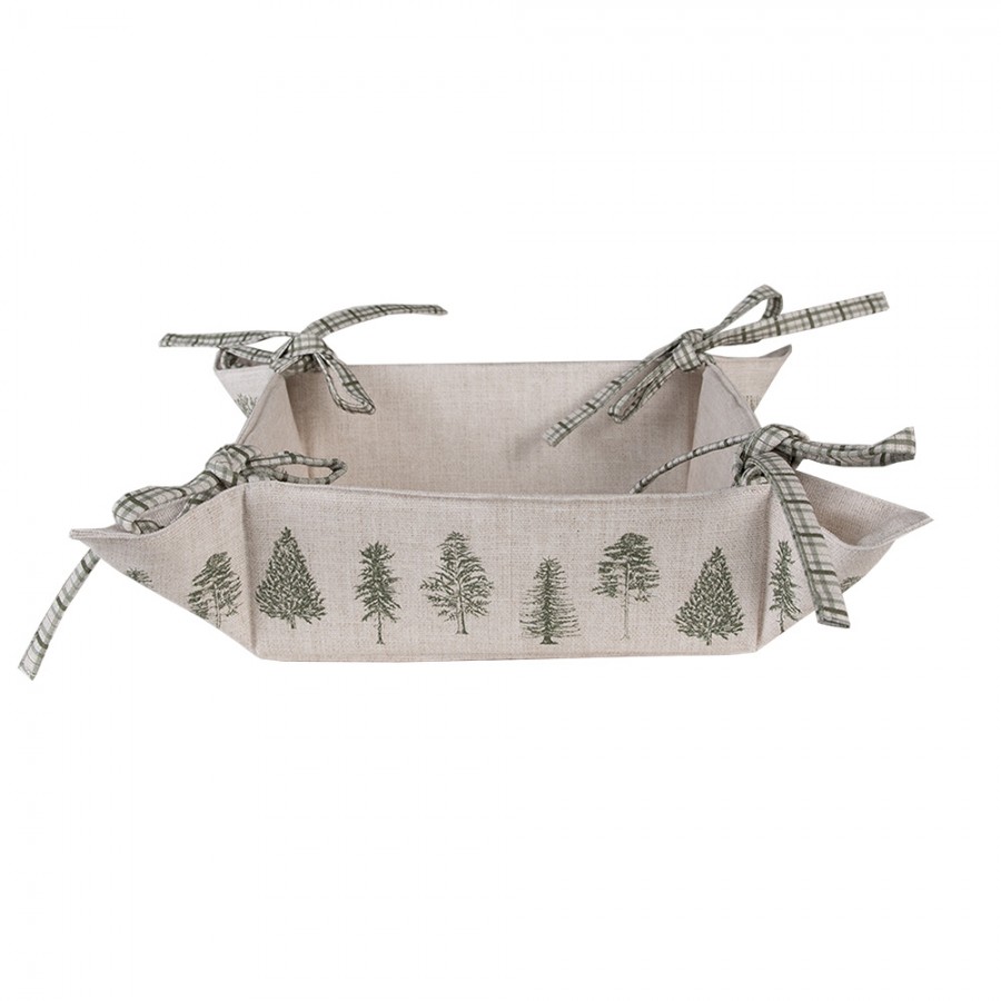 NPT47 Bread Basket 35x35x8 Cm Beige Green Cotton Pine Trees