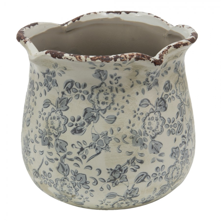 6CE0870L Pot de fleurs Ø 18x17 cm Beige Gris Céramique Fleurs Rond Pot