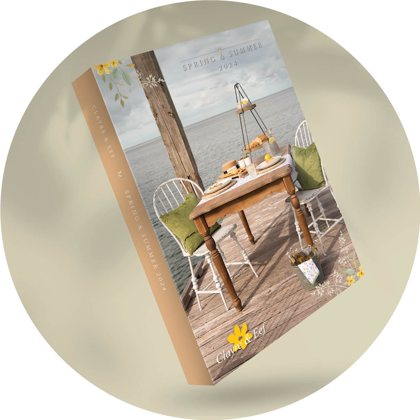 The image shows a catalog focusing on the Spring and Summer collection of 2024. On the cover of the catalog is an atmospheric setting of an outdoor table with chairs on a wooden pier. The table is set with plates and cutlery. The scene suggests a relaxed outdoor meal overlooking the water. The corner of the page displays the text "Spring & Summer 2024." At the bottom is the logo of 'Clayre & Eef'. The design is soft with a beige-yellow hue that complements the spring/summer theme.