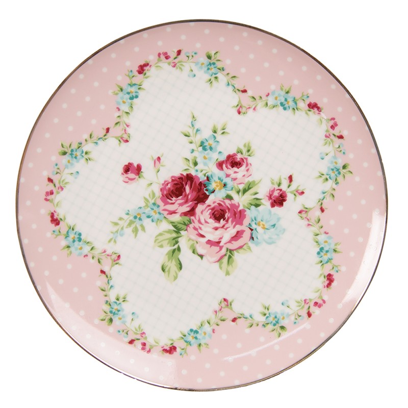 6CEDP0127 Breakfast Plate Ø 20 cm Pink White Porcelain Flowers Plate