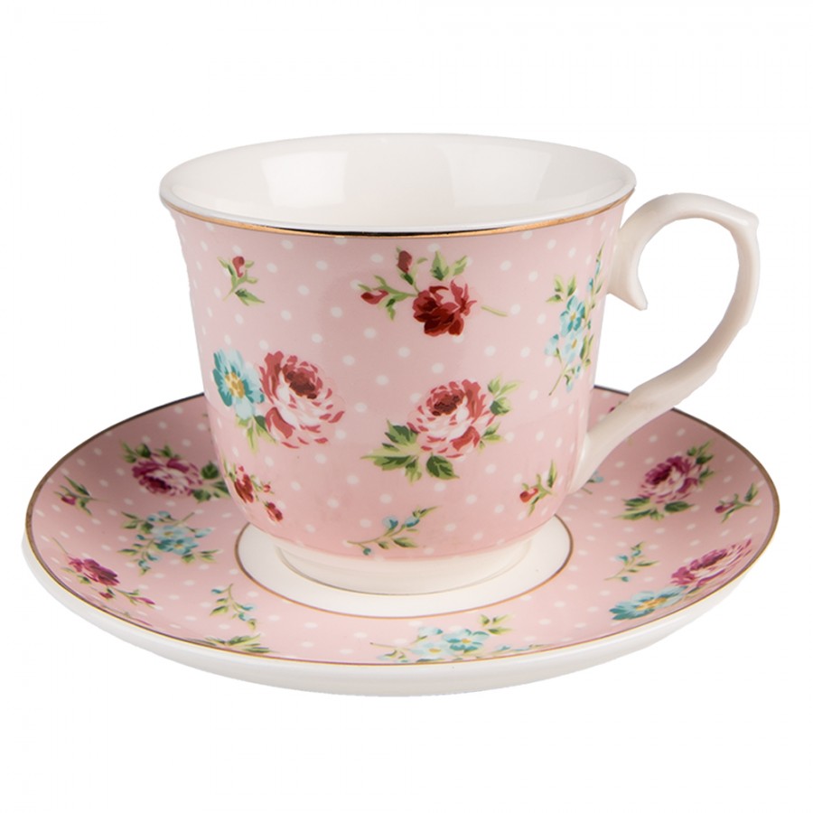 Clayre & Eef Tazza e piattino 200 ml Rosa Porcellana Uccelli