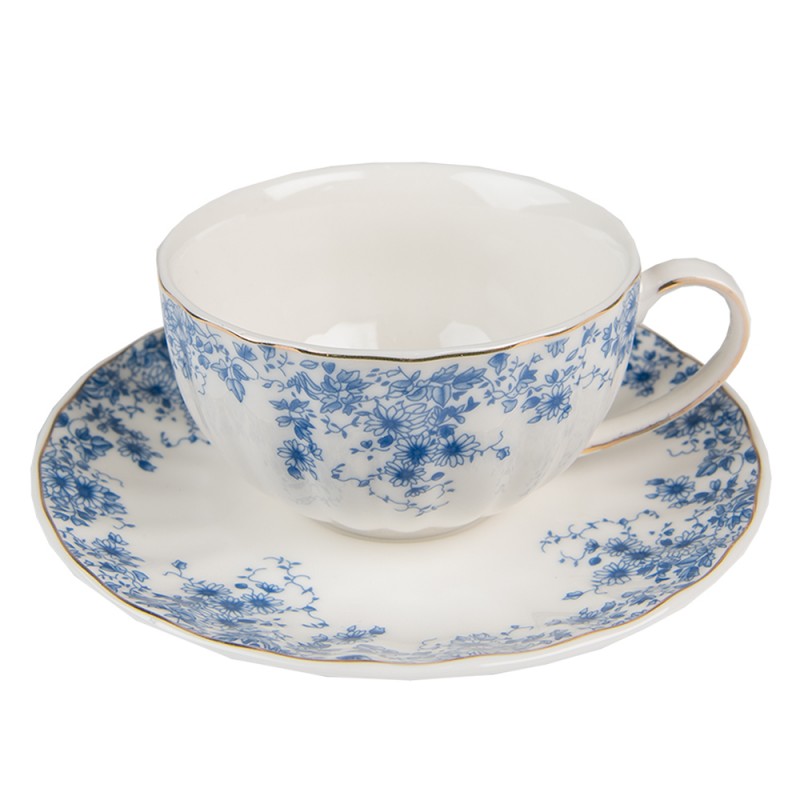 BFLTKS Tasse et soucoupe 200 ml Blanc Bleu Porcelaine Fleurs Vaisselle
