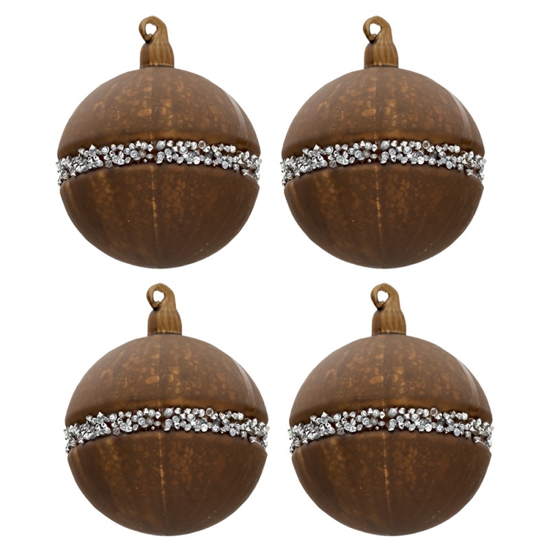 6GL3271 Christmas Bauble Set of 4 Ø 8 cm Brown Glass Round Christmas Tree Decorations