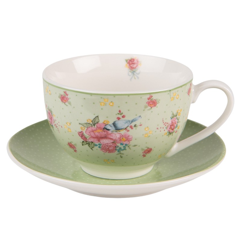 CHBKS Cup and Saucer 200 ml Green Beige Porcelain Flowers Tableware
