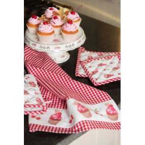 2CUP42-1 Tea Towel  50x70 cm Red White Cotton Cupcakes Kitchen Towel