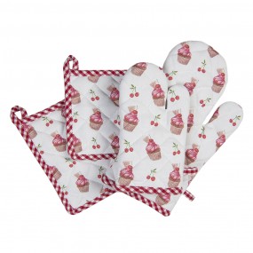 Clayre & Eef Oven Mitt Beige Pink Cotton set of 2