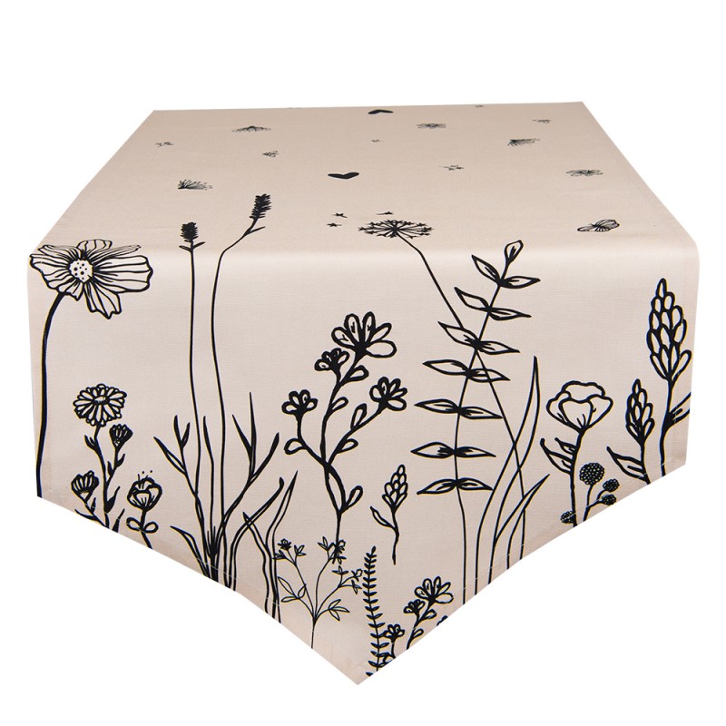 FAF65 Table Runner 50x160 cm Beige Black Cotton Flowers Tablecloth