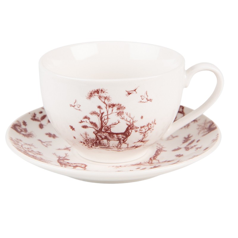 PFTKS Cup and Saucer 200 ml Beige Red Porcelain Reindeer and Trees Tableware