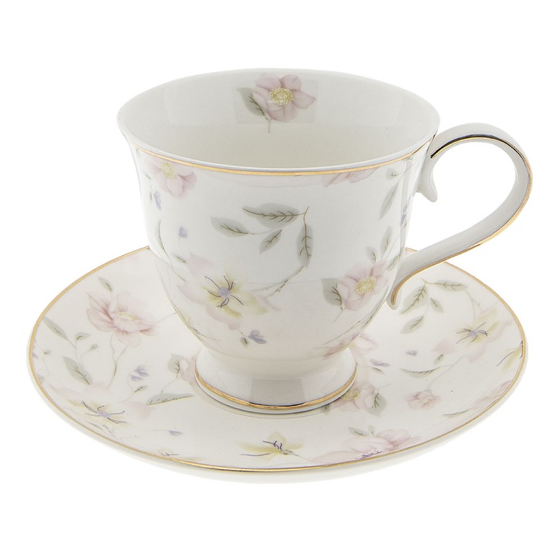 TWFKS-1 Cup and Saucer 220 ml White Pink Porcelain Flowers Round Tableware