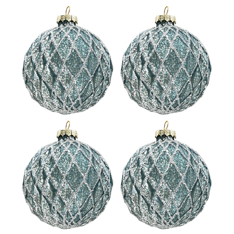 6GL3273 Christmas Bauble Set of 4 Ø 8 cm Blue Glass Round Christmas Tree Decorations
