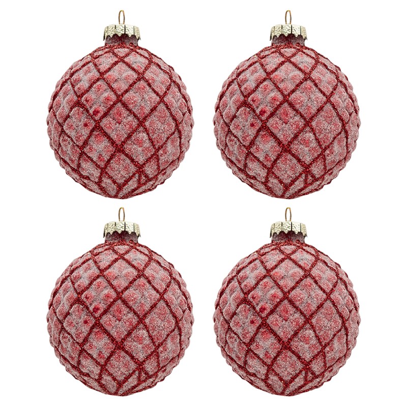 6GL3280 Christmas Bauble Set of 4 Ø 8 cm Red Glass Round Christmas Tree Decorations