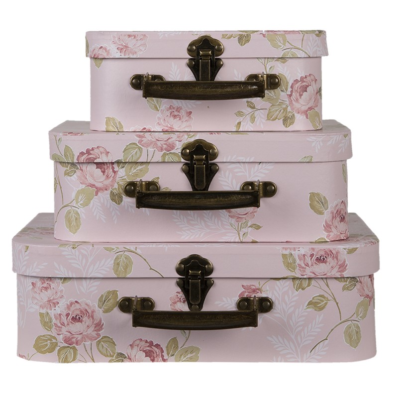 64751 Decorative Suitcase Set of 3 30x21x9/25x18x9/20x16x8 cm Pink Cardboard Flowers Rectangle Storage Case