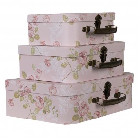 264751 Décoration valise set de 3 30x21x9/25x18x9/20x16x8 cm Rose Carton Fleurs Rectangle Boîte de Rangement