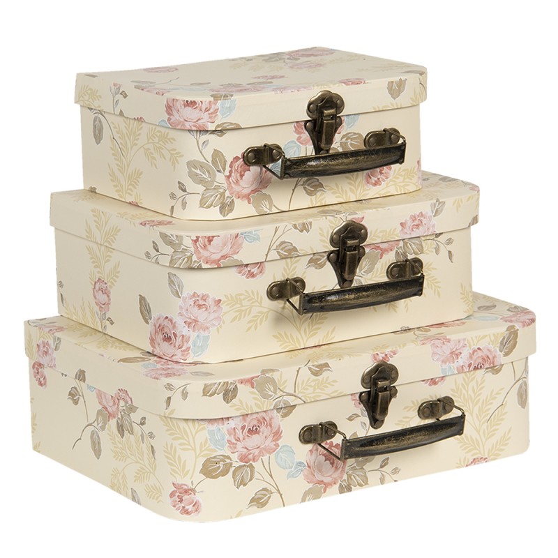 64752 Decorative Suitcase Set of 3 30x21x9/25x18x9/20x16x8 cm Beige Cardboard Flowers Rectangle Storage Case