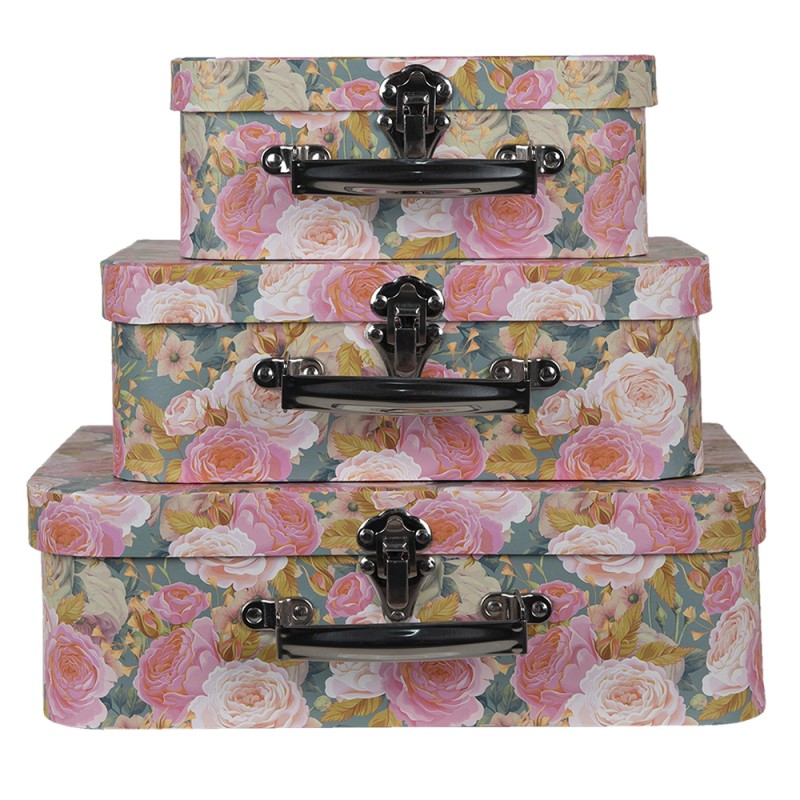 65015 Decorative Suitcase Set of 3 30x22x10 cm Pink Green Cardboard Flowers Storage Case