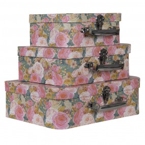 265015 Decorative Suitcase Set of 3 30x22x10 cm Pink Green Cardboard Flowers Storage Case