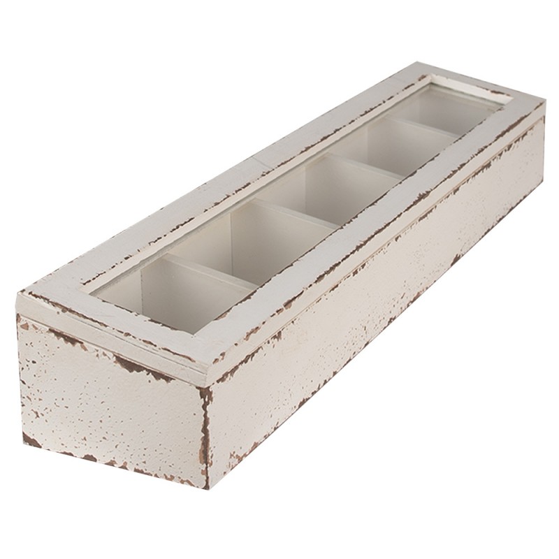 6H2178 Wooden Box 60x13x10 cm White Wood Glass Storage Chest