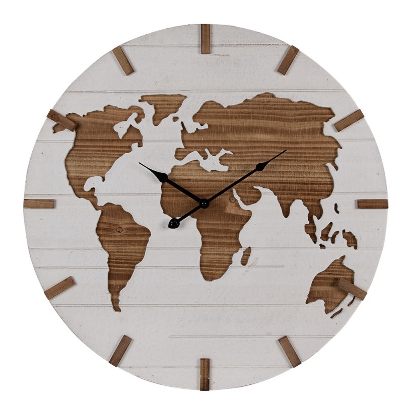 5KL0230 Wall Clock Ø 60 cm White Brown MDF World Map Hanging Clock