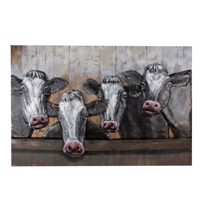 5WA0188 Peinture 120x7x80 cm Noir Blanc Fer Bois Vaches Rectangle Décoration des murs