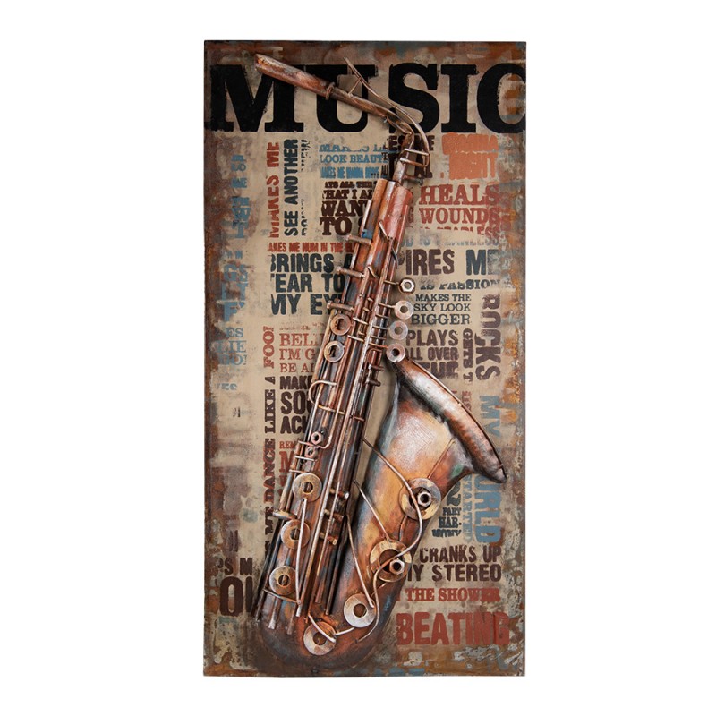 5WA0190 Peinture 100x6x50 cm Marron Fer Saxophone Rectangle Décoration des murs