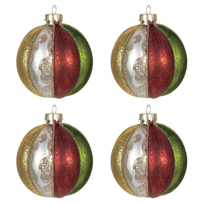 6GL2736 Christmas Bauble Set of 4 Ø 8 cm Red Green Glass Round Christmas Tree Decorations