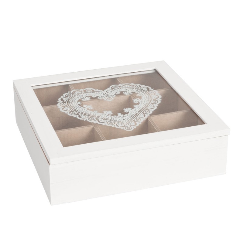 6H0539 Teebox mit 9 Fächern 24x24x7 cm Weiß Holz Glas Herz Quadrat Tee-Kiste
