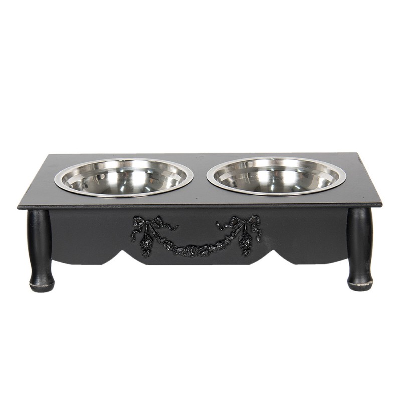 6H0769Z Dog Bowl 2x500 ml Black Wood Iron Rectangle Cat Bowl