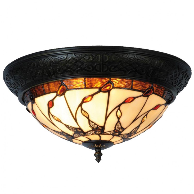5LL-5363 Ceiling Lamp Tiffany Ø 38x19 cm  Beige Brown Glass Butterfly Triangle Ceiling Light