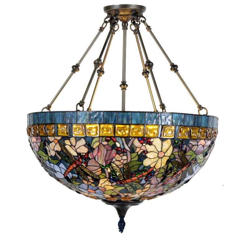 5LL-5517 Pendant Lamp Tiffany Ø 70x75 cm Blue Beige Metal Glass Dragonfly Semicircle Dining Table Lamp