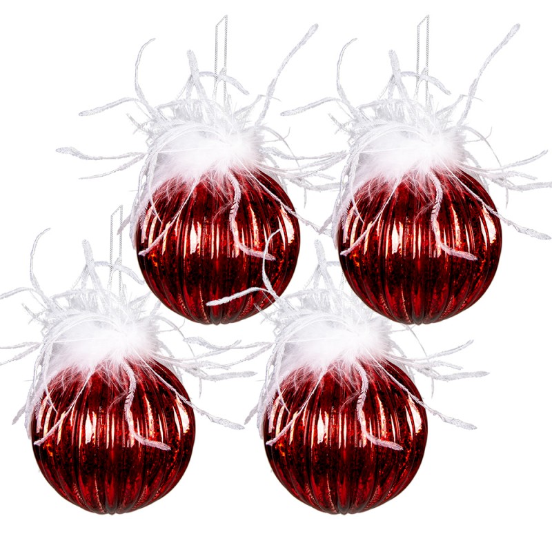 6GL3929 Christmas Bauble Set of 4 Ø 10 cm Red White Glass Christmas Decoration