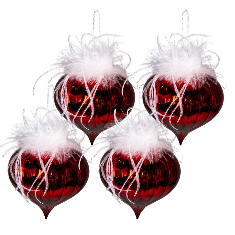 6GL3930 Christmas Bauble Set of 4 Ø 10 cm Red White Glass Christmas Tree Decorations