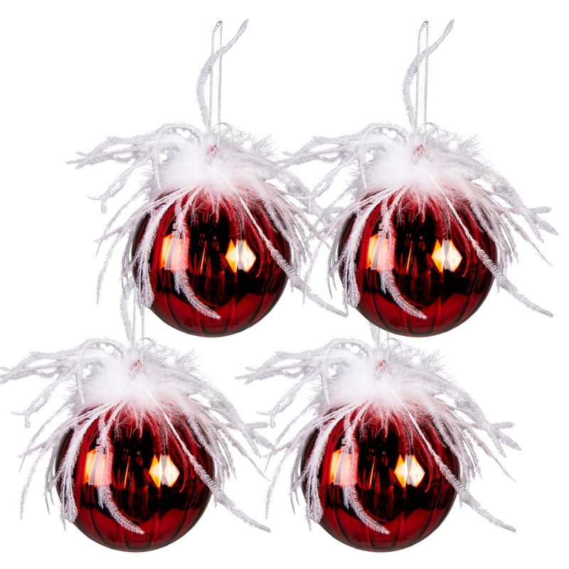 6GL3931 Christmas Bauble Set of 4 Ø 10 cm Red White Glass Christmas Tree Decorations