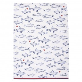 2SSF42-1 Tea Towel  50x70 cm White Blue Cotton Fishes Rectangle Kitchen Towel