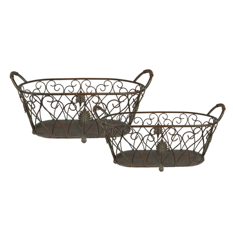5Y1048 Storage Basket Set of 2 60x30x26 / 49x23x22 cm Green Brown Iron Basket