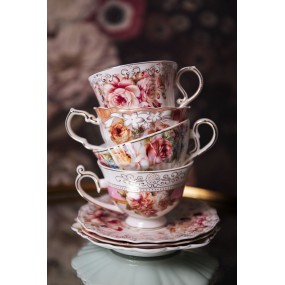 26CE1177 Cup and Saucer 200 ml Pink White Porcelain Flowers Round Tableware