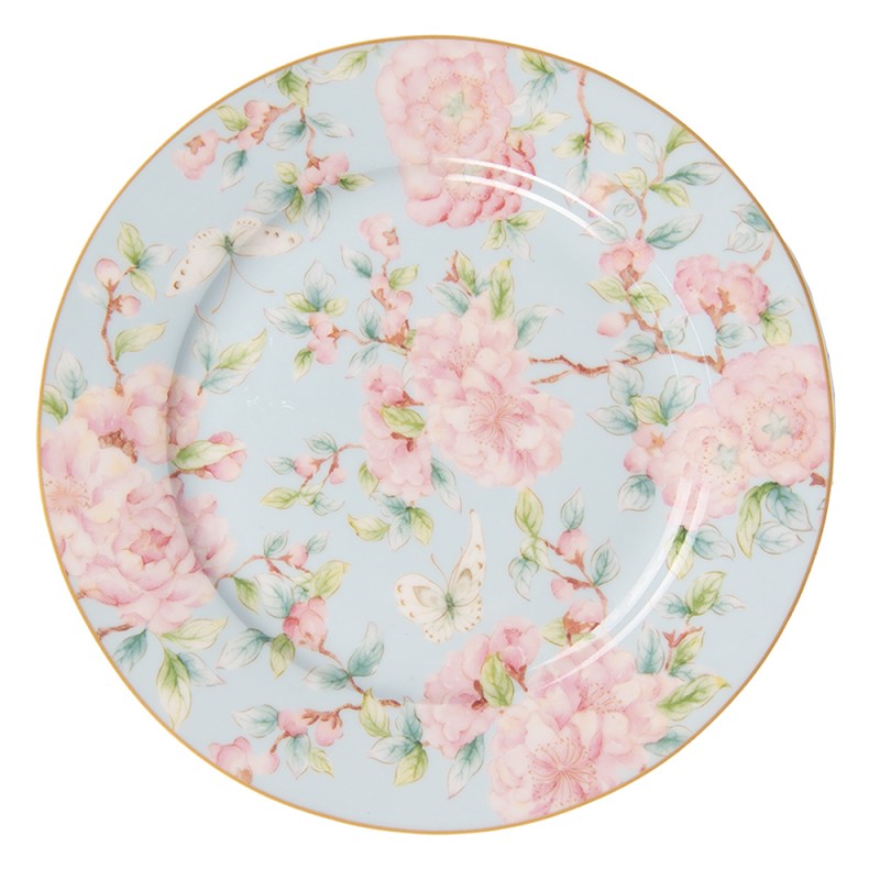 6CEDP0126 Breakfast Plate Ø 19 cm Green Pink Porcelain Flowers Plate