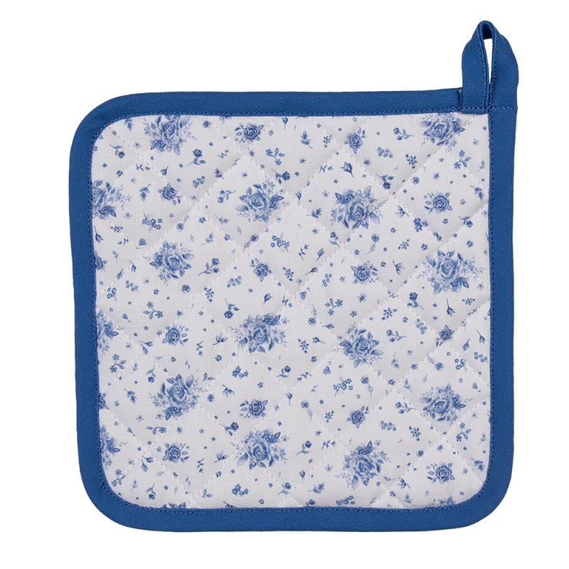 BRB45 Topflappen 20x20 cm Weiß Blau Baumwolle Rosen Quadrat