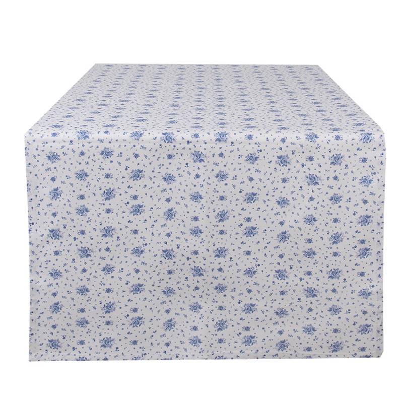 BRB64 Chemin de table 50x140 cm Blanc Bleu Coton Roses Rectangle