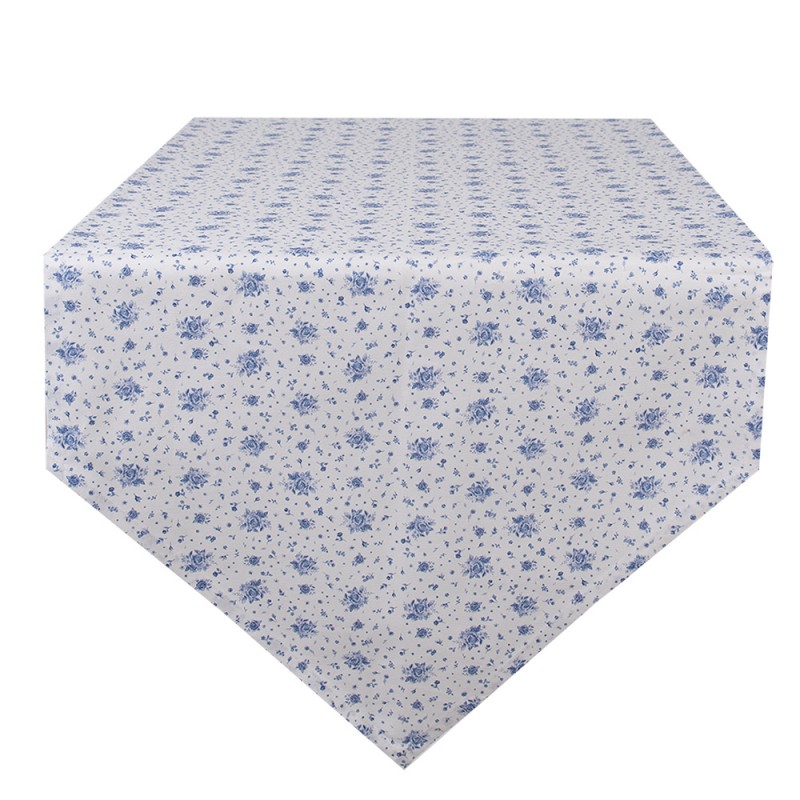 BRB65 Chemin de table 50x160 cm Blanc Bleu Coton Roses Rectangle