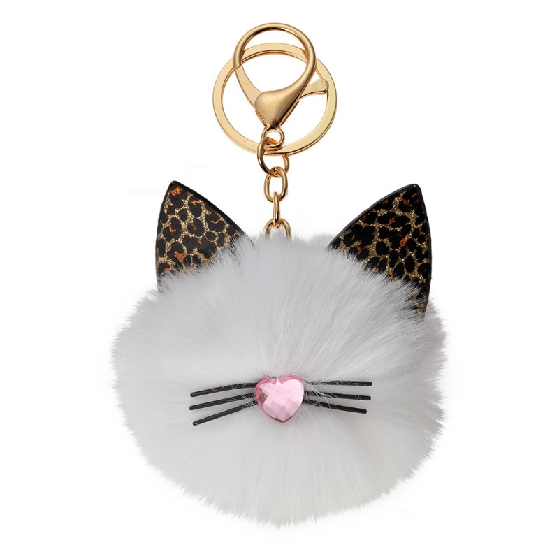 JZKC0091 Porte-clés pompon Blanc Peluche Chat