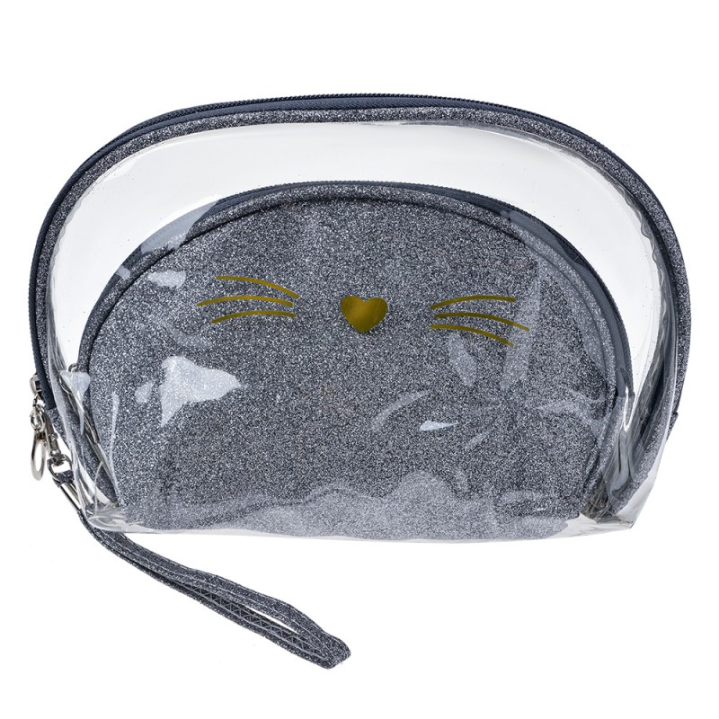 JZSET0002ZI Ladies' Toiletry Bag set of 2 24x15 / 19x12 cm Silver colored Synthetic Cat Oval