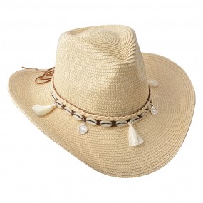 2JZHA0050BE Cappello da donna 58 cm Beige Paglia di carta Conchiglie Rotondo Cappello da sole