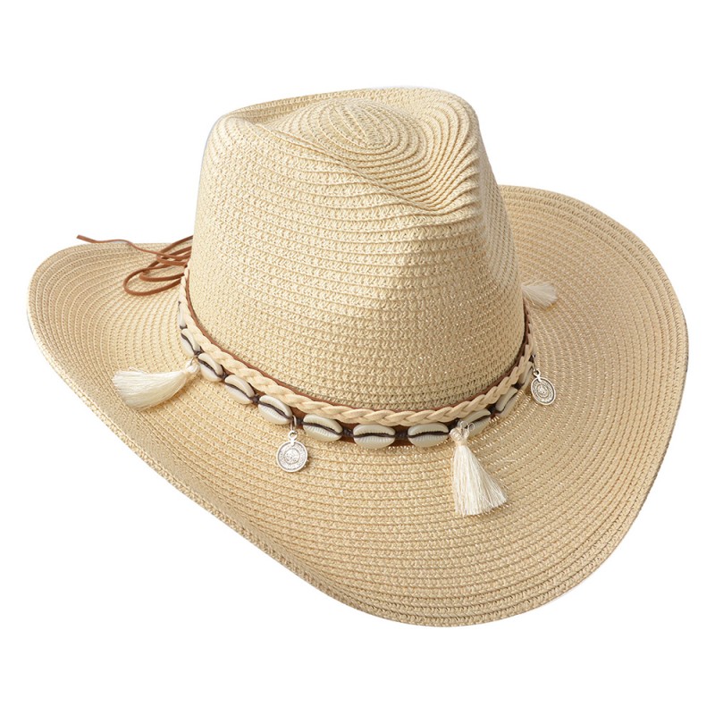 JZHA0050BE Chapeau de femme 58 cm Beige Paille en papier Coquillages Rond Chapeau de soleil