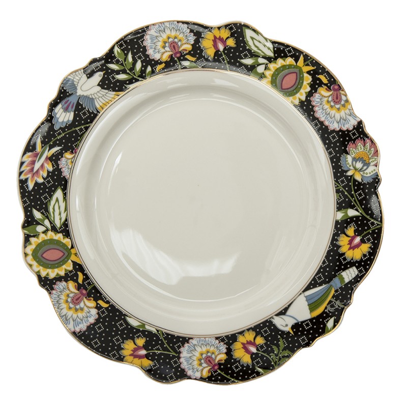 6CE1285 Dinner Plate Ø 28 cm Black White Ceramic Flowers Round Dining Plate