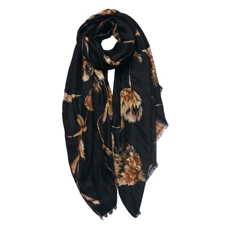 JZSC0750Z Printed Scarf 90x180 cm Black Gold colored Flowers Shawl Women