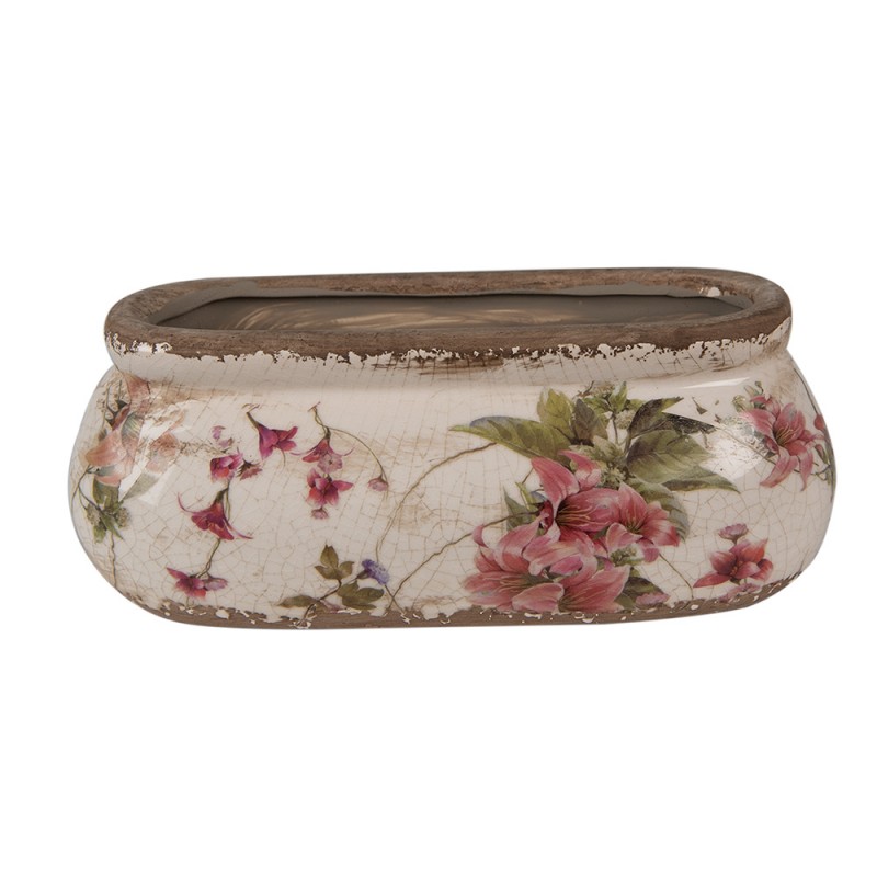 6CE1603S Planter 18x8x7 cm Pink Beige Ceramic Flowers Oval Indoor Planter