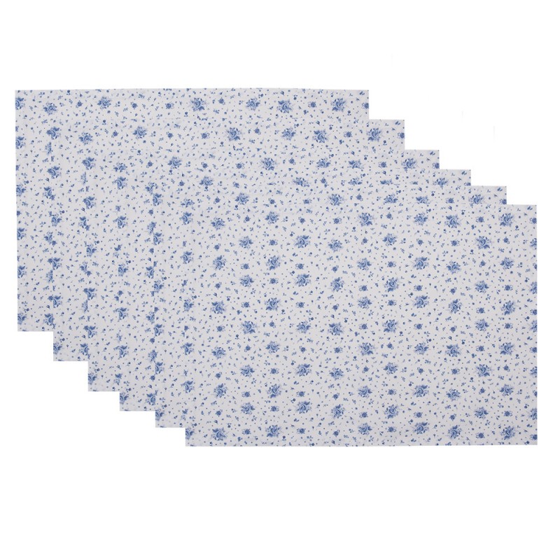 BRB40 Placemats Set van 6  48x33 cm Wit Blauw Katoen Roosjes Rechthoek
