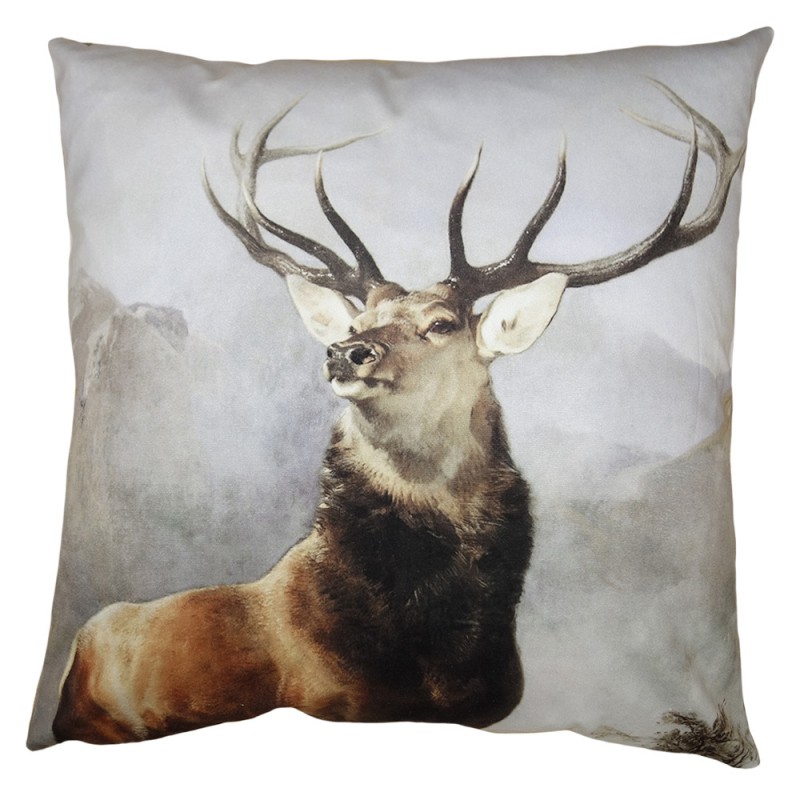 KT021.334 Housse de coussin 45x45 cm Marron Gris Polyester Cerf Housse de coussin décorative