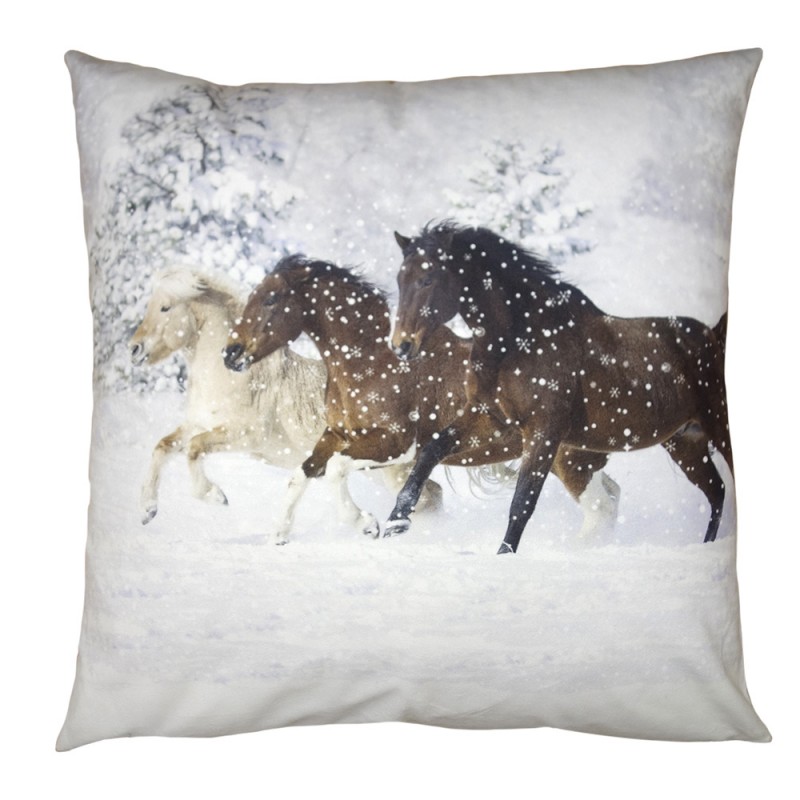 KT021.340 Cushion Cover 45x45 cm White Brown Polyester Horses Pillow Cover