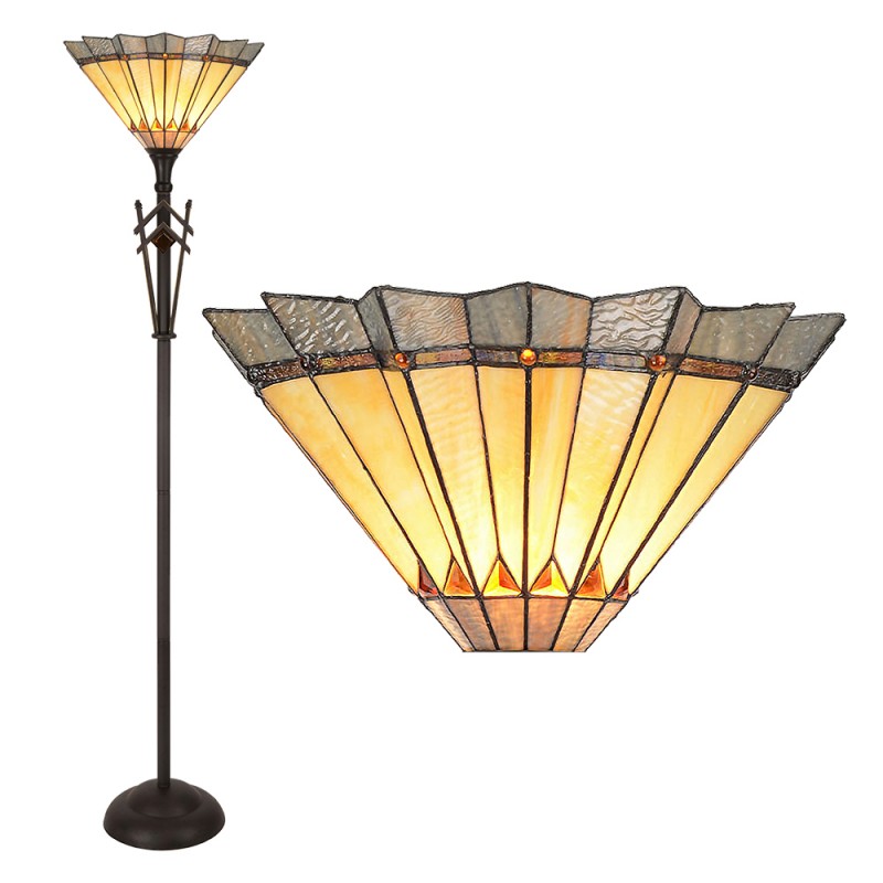 5LL-5763 Tiffany Vloerlamp  Ø 45x182 cm  Geel Bruin Glas Staande Lamp